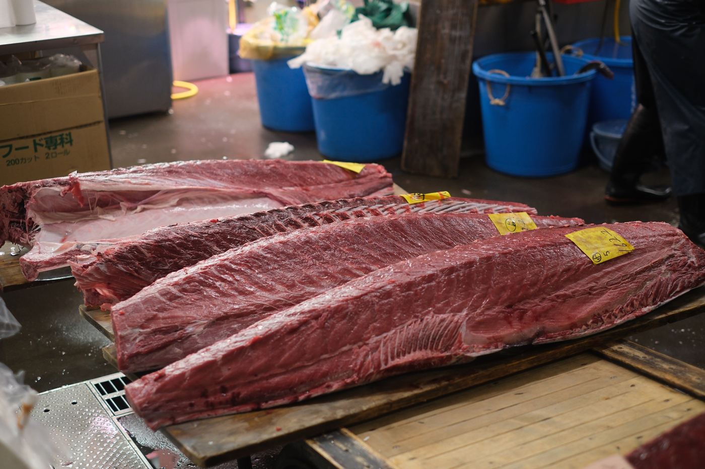 Fresh tuna loins at market